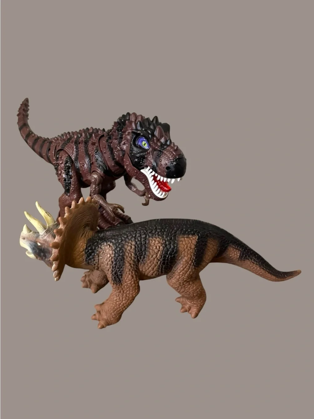Brown Tyrannosaurus and Triceratops Dinosaur Toy Set for Kids